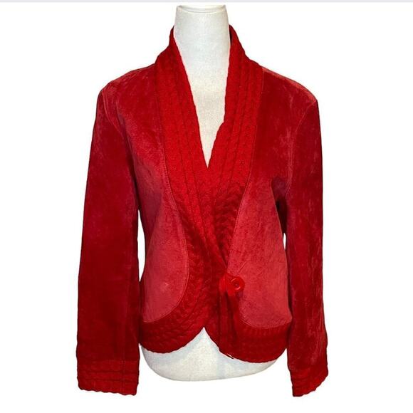 Coldwater Creek Jackets & Blazers - Coldwater Creek Red Suede Leather Jacket With Cable Knit Trim & Button Closure S